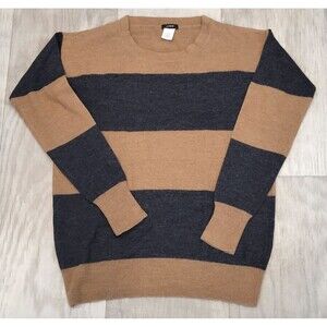J Crew Womens S 100% Merino Wool Stripe Saturday Crewneck Sweater Camel Gray
